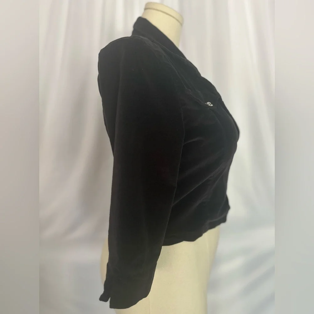 De Code Black Velvet Wrap Jacket Cropped Blazer Rhinestone Buckle Size L (1250)